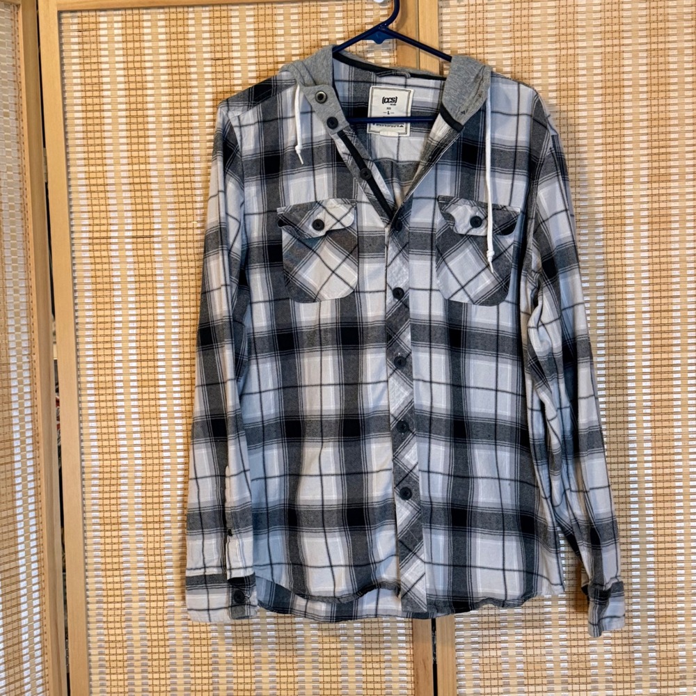 CCS Mens Plaid Hooded Flannel Shirt Black White Grey Large Streetwear‎ gothic